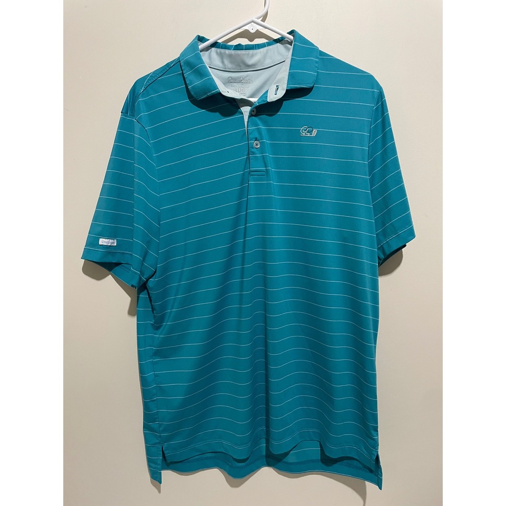 Good Good Golf Mens Large Teal Blue Striped Performance Polo Shirt Short Sleeve